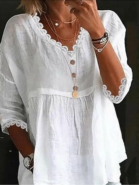 White Lace-Trim V-Neck Peasant Blouse